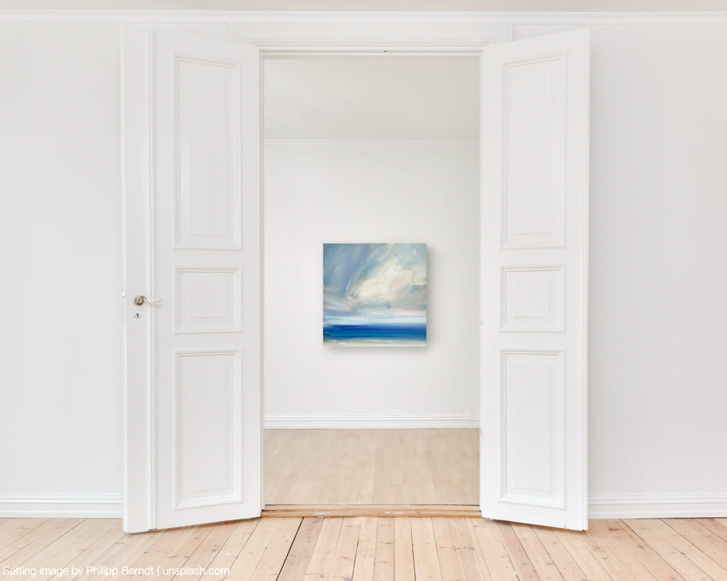 Original seascape painting by Timothy Gent - displayed within a white interior home Large original British seascape painting by Timothy Gent displayed in a bright white living room